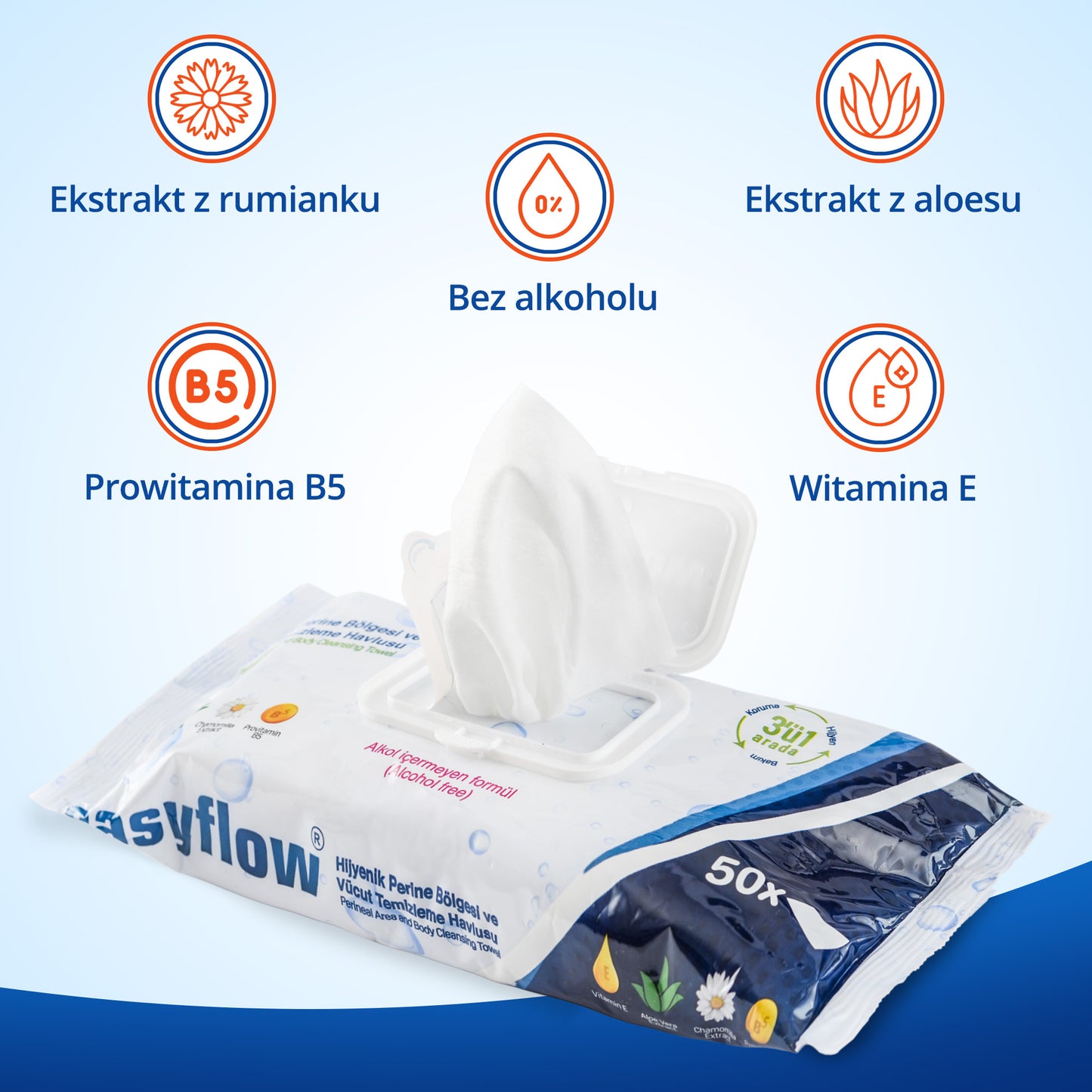 EasyFlow 50 vlhčených ubrousků Easyflow 3 v 1 k mytí těla pro seniory a ležící pacienty – velké balení, bez alkoholu, s aloe vera a heřmánkem