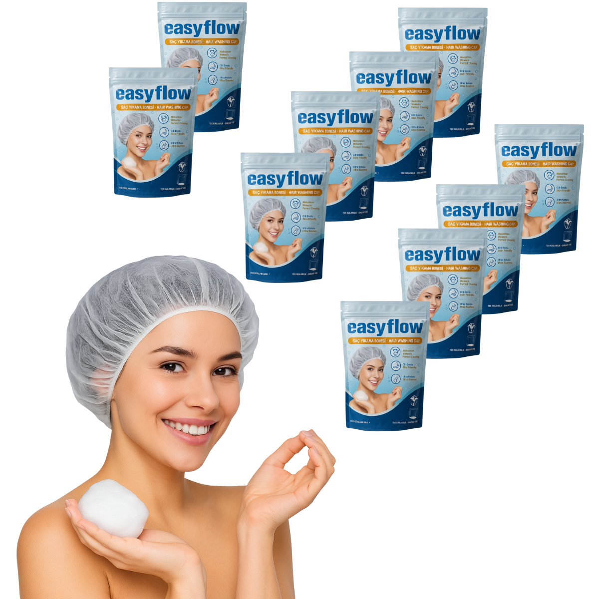 Víčko EasyFlow 2 v 1 pro mytí vlasů bez vody se šamponem a kondicionérem – 10 ks pro ležící a nemocné osoby