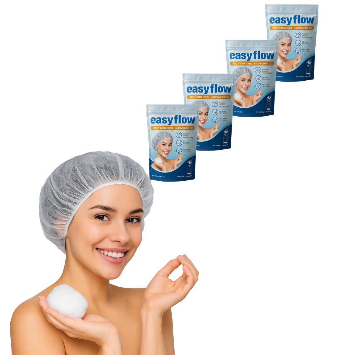 Víčko EasyFlow 2 v 1 pro mytí vlasů bez vody se šamponem a kondicionérem – 4 ks pro ležící a nemocné osoby
