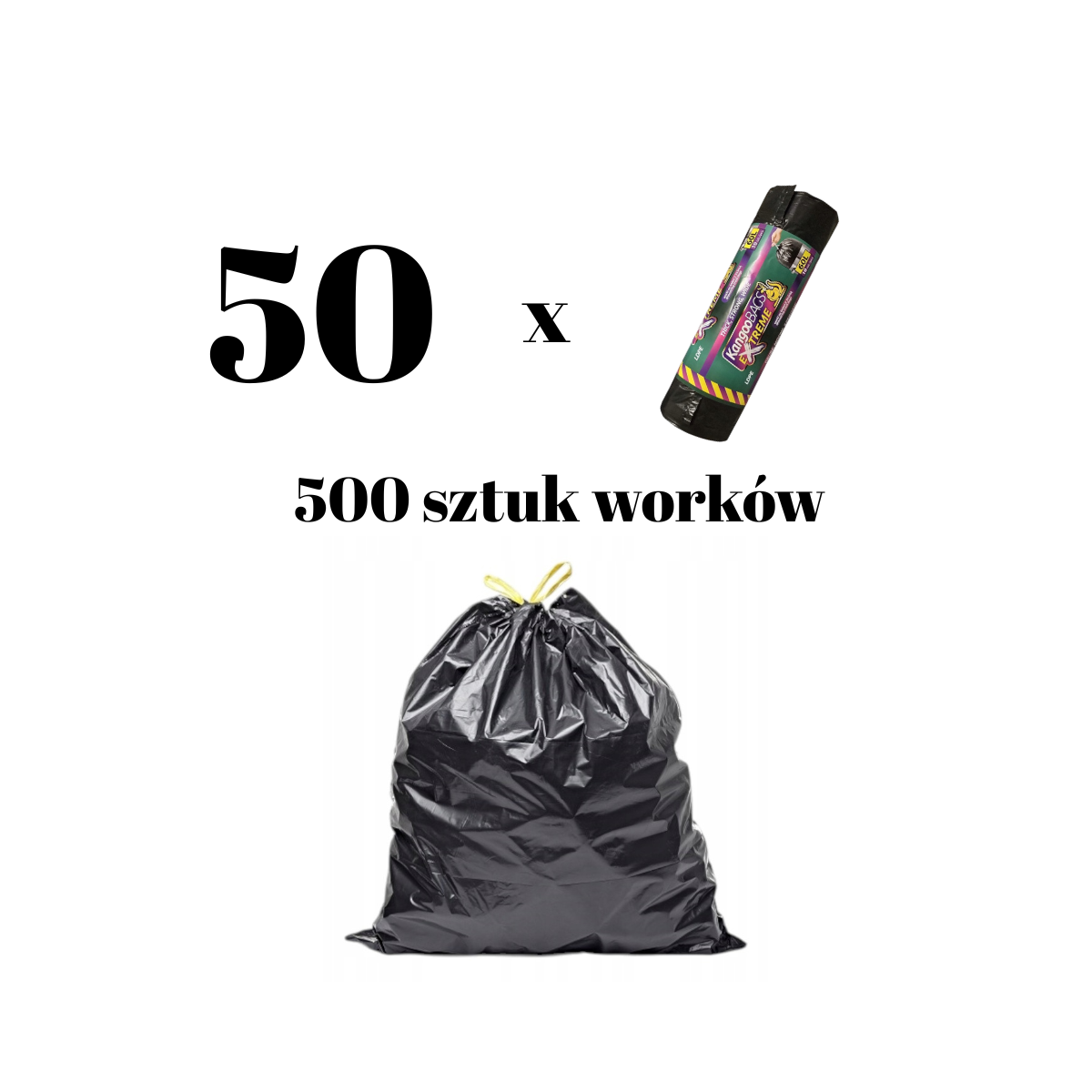 Kangoo Bags 500 kusů (50 rolí po 10 kusech) - Pytle na odpadky s páskou 500 x 60L - extra pevné, ideální na plenky a zdravotnický odpad