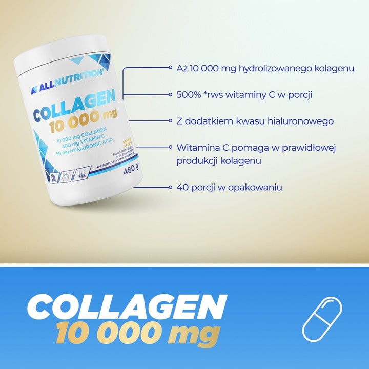 ALLNUTRITION Collagen 10 000 mg Wit C Kwas Hialuronowy 480 g Pomarańcza