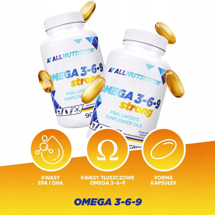 ALLNUTRITION OMEGA 3-6-9 STRONG 90 kaps. Wit.E Serce Mózg Odporność