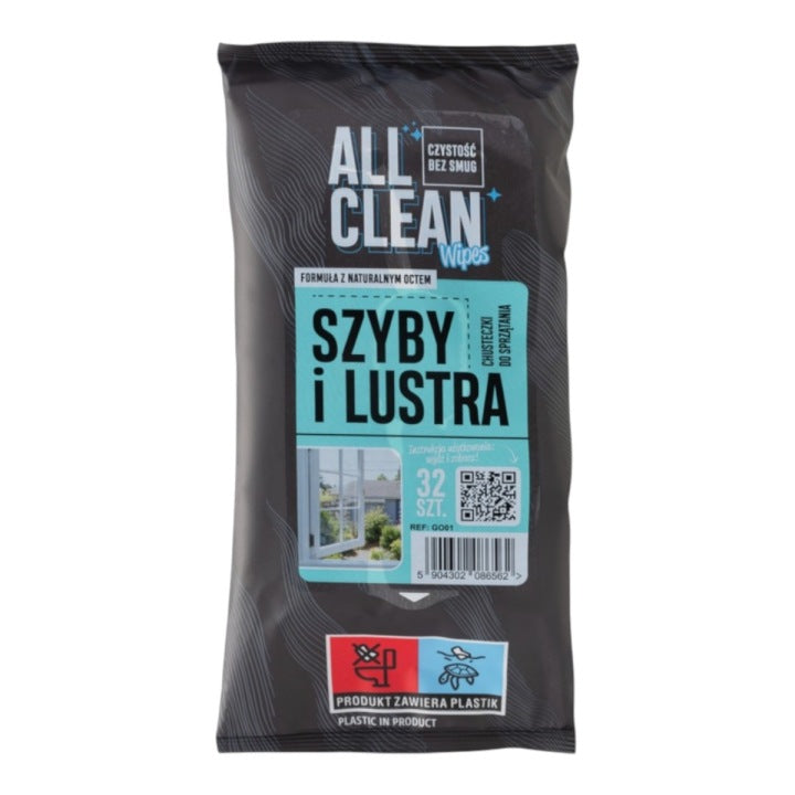 Vlhčené ubrousky na okna a zrcadla 32 ks s octem, beze šmouh, AllClean