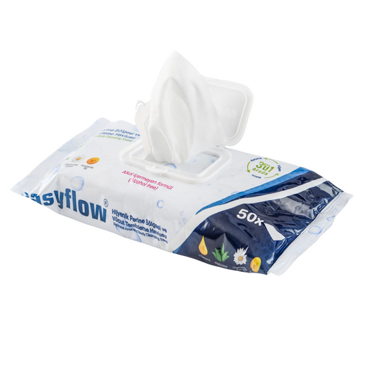 EasyFlow 50 vlhčených ubrousků Easyflow 3 v 1 k mytí těla pro seniory a ležící pacienty – velké balení, bez alkoholu, s aloe vera a heřmánkem 