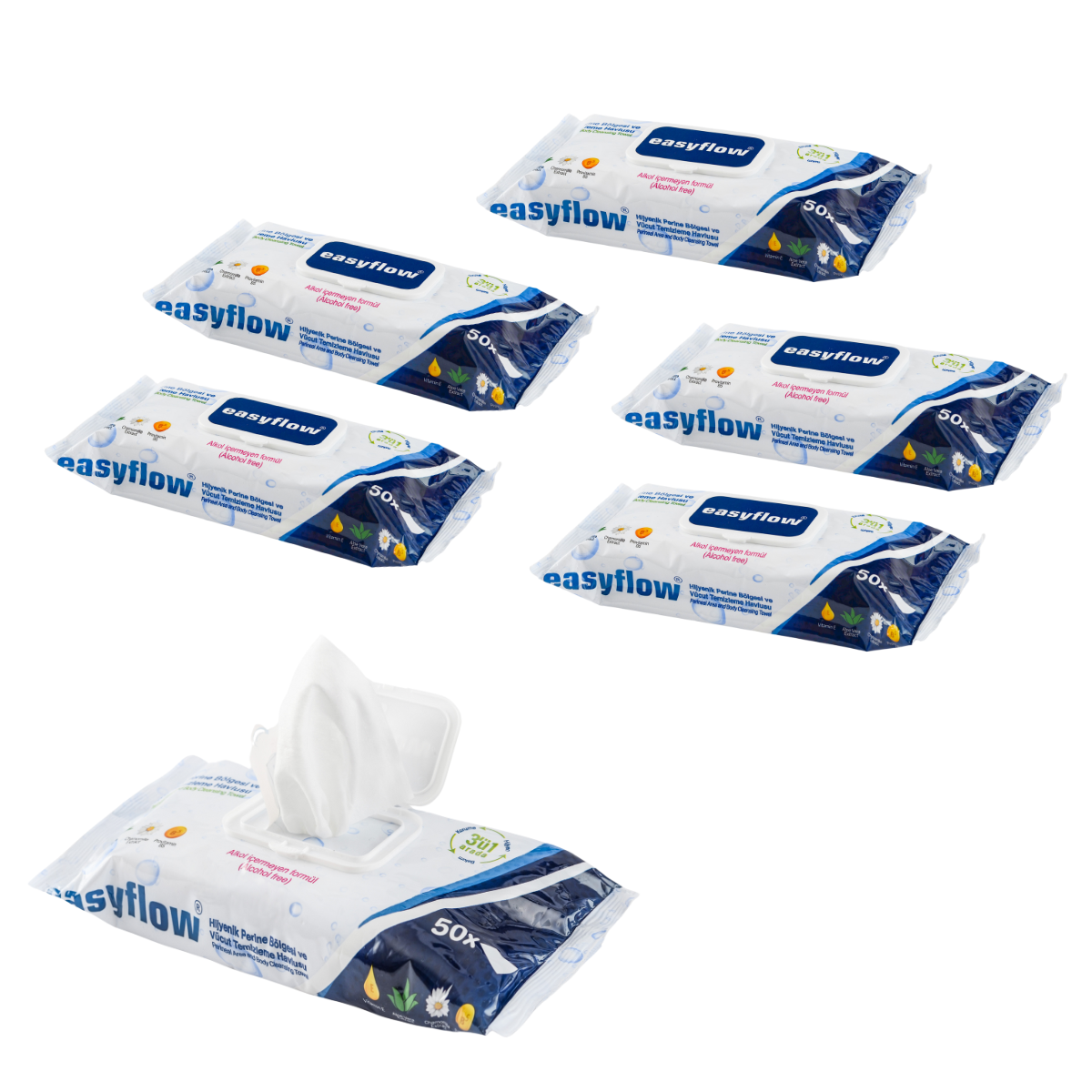 Vlhčené ubrousky EasyFlow 5x50 Easyflow 3v1 k mytí těla pro seniory a ležící pacienty - velké balení, bez alkoholu, s aloe vera a heřmánkem 