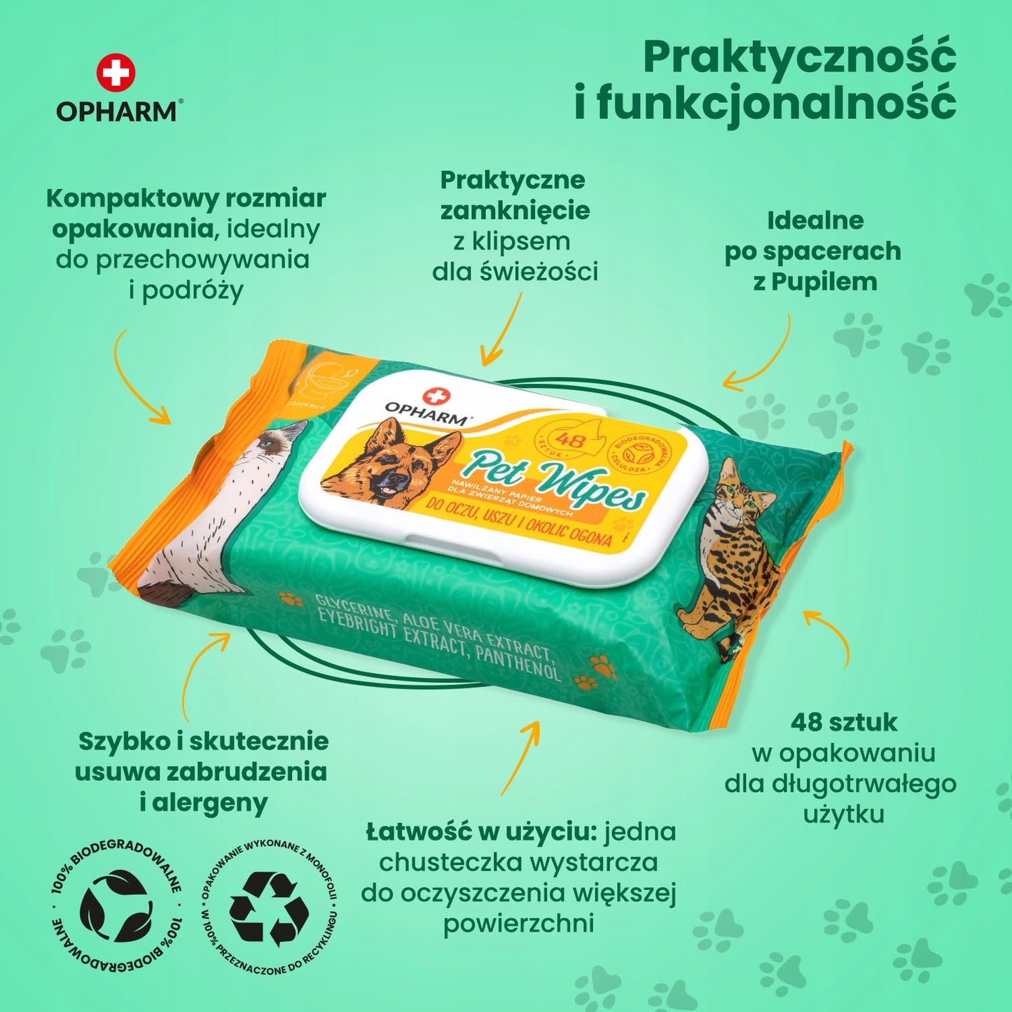Vlhčené ubrousky pro péči o oči, uši, ocas zvířat 48 ks. Opharm