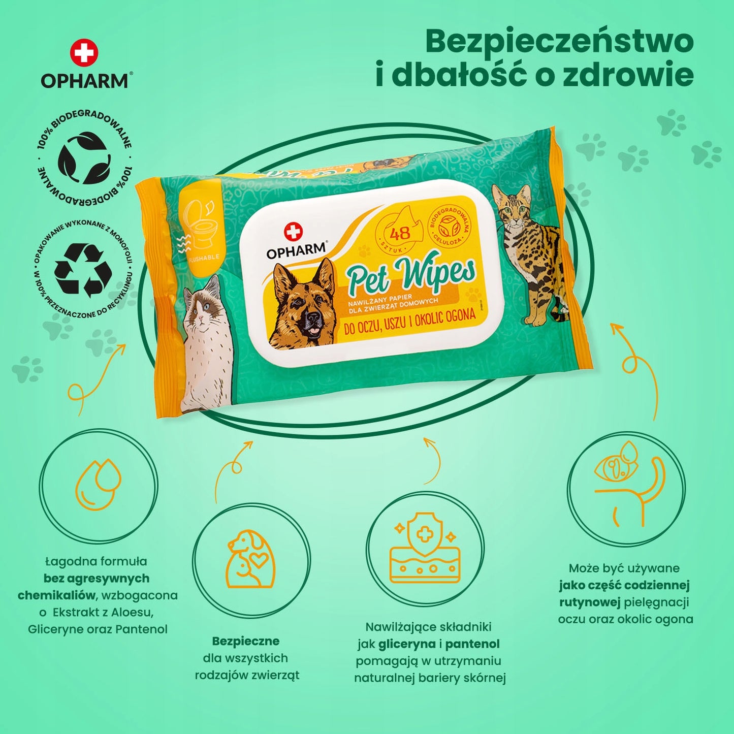 Vlhčené ubrousky pro péči o oči, uši, ocas zvířat 48 ks. Opharm