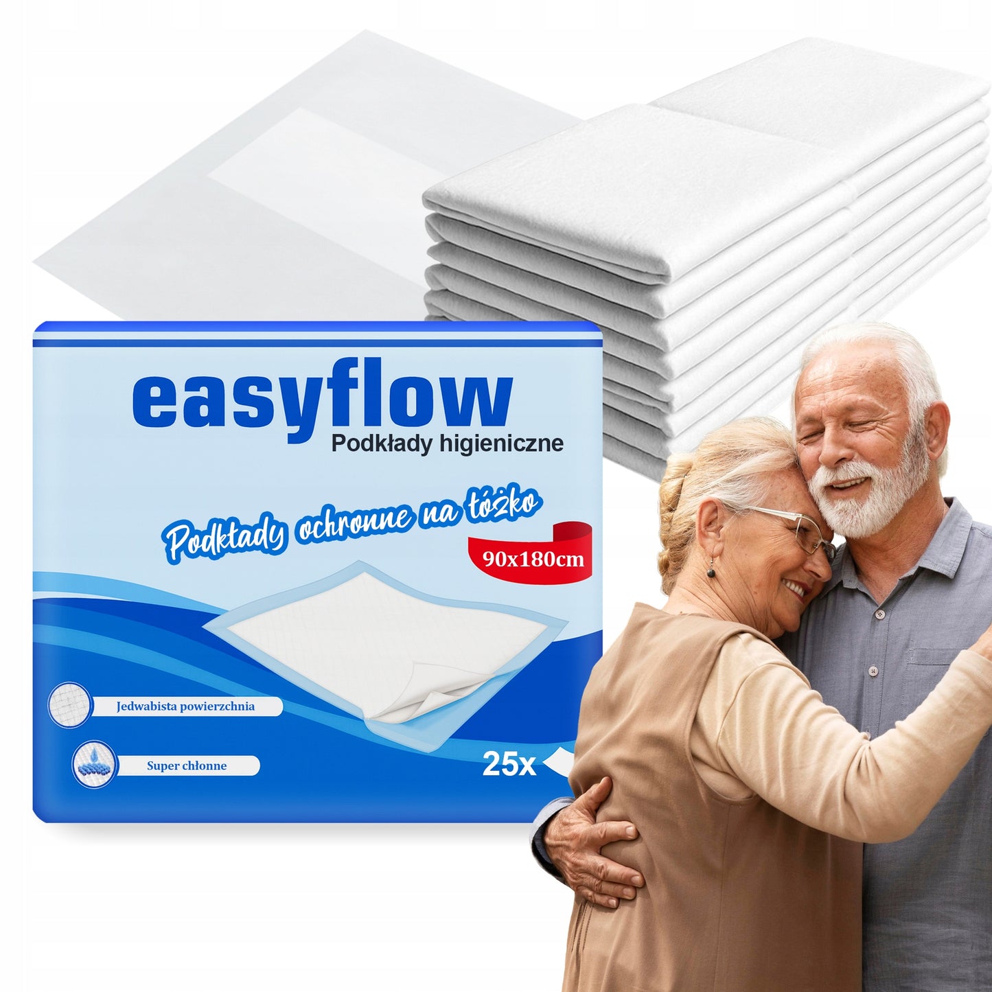 Podkłady higieniczne Easyflow 90x180 cm 25szt Chłonne Dla seniorów i dzieci