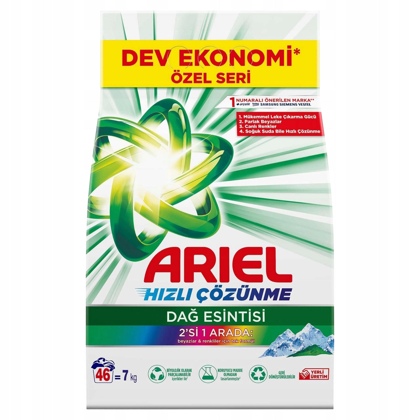 Univerzální prací prášek Ariel 2v1 Mountain Spring na bílé a barevné prádlo 7 kg